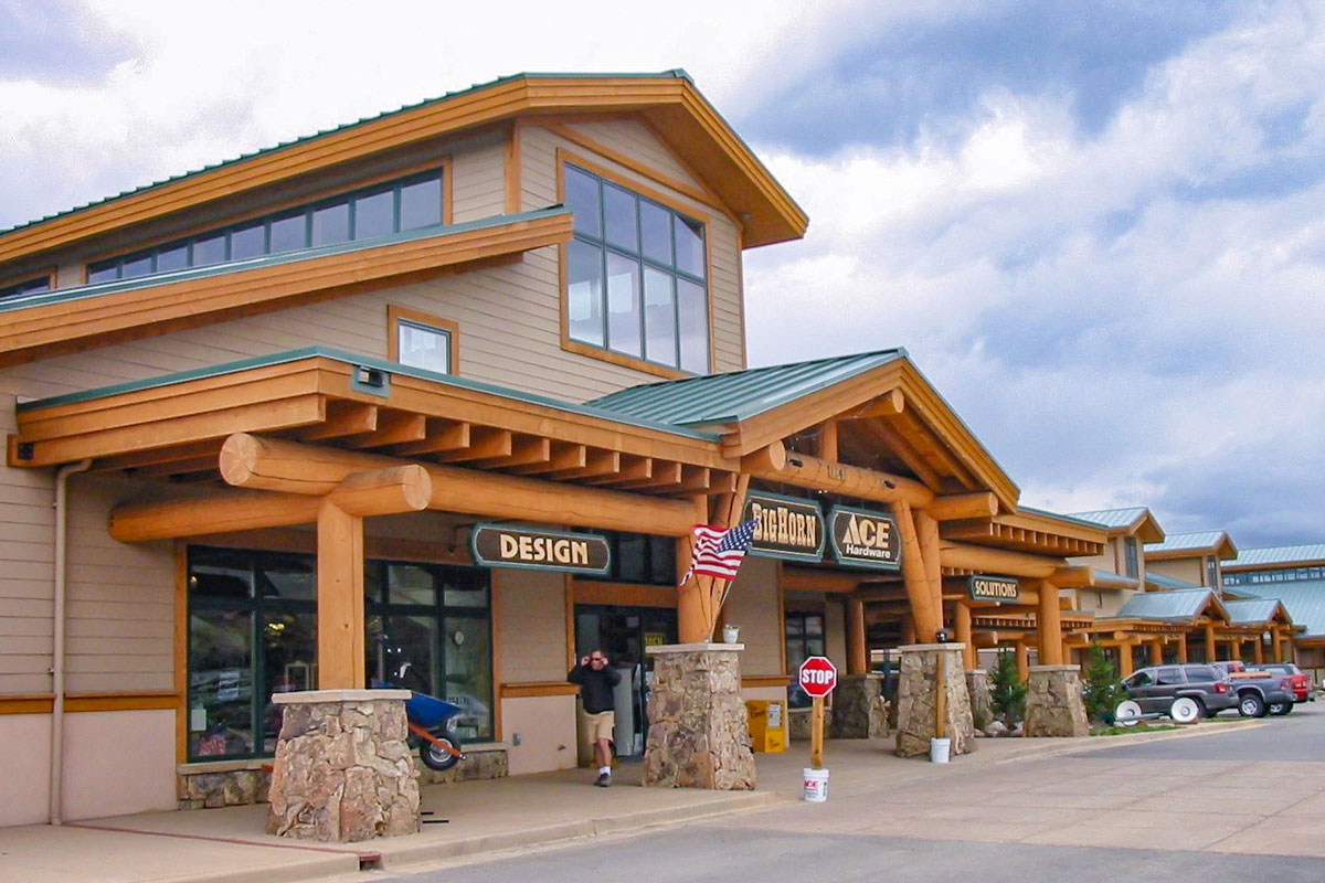 timber porch and entry on commercial building in colorado